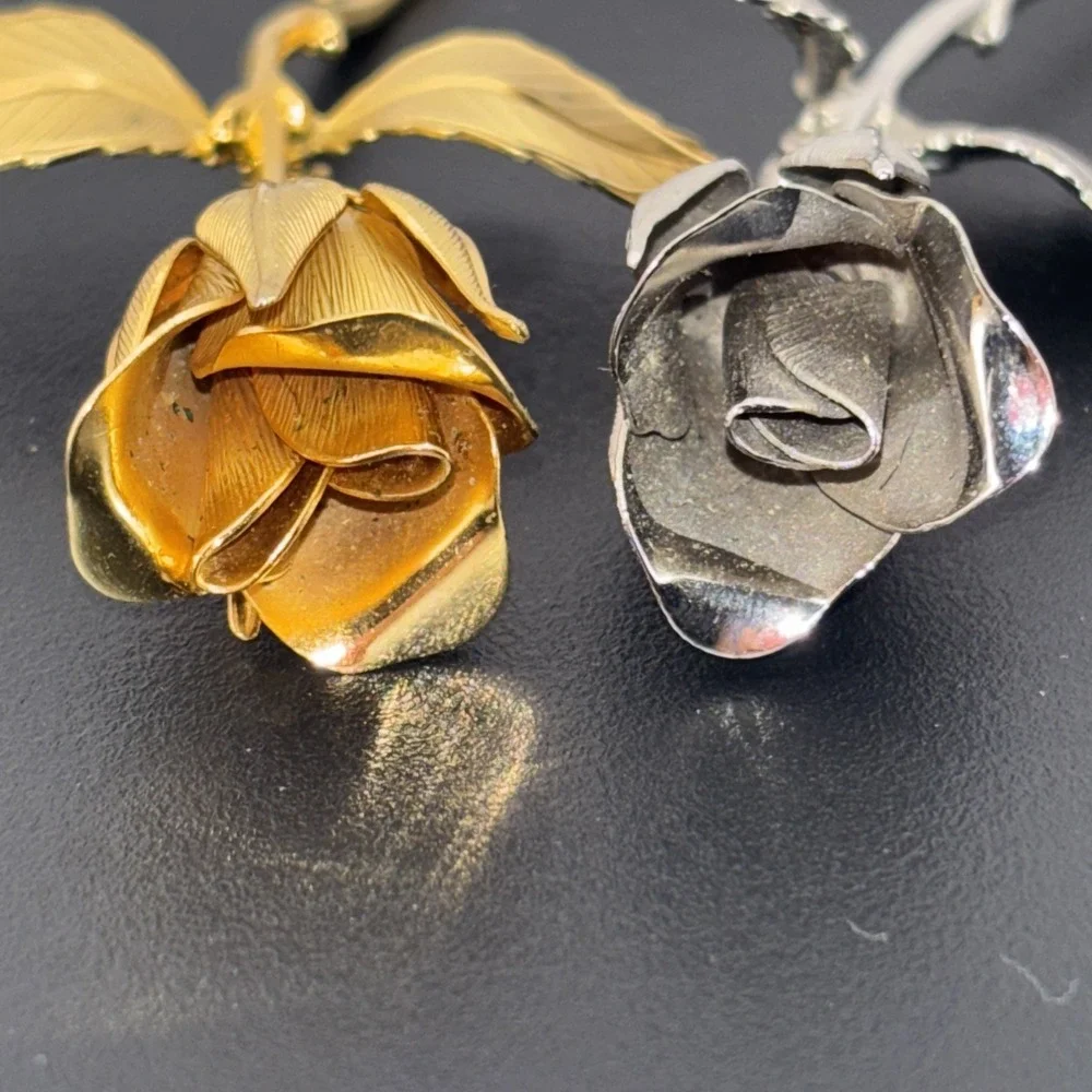 2‎ Vintage Giovanni Brushed Gold Tone And Silver Tone Brooches Long Stem Rose 3